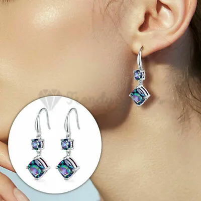 Women 925 Sterling Silver Rainbow Mystic Cube Topaz Dangle Drop Earrings Jewelry • £4.99