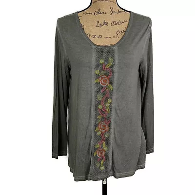 Monoreno Womens Sz S Top Gray Floral Embroidered Scoop Neck Long Sleeve Pullover • $12