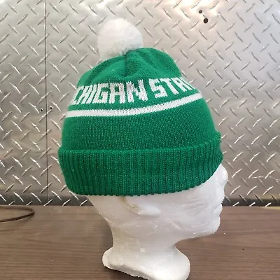 Vintage Michigan State Spartans Green White Pom Knit Beanie Winter Hat Cap • $14