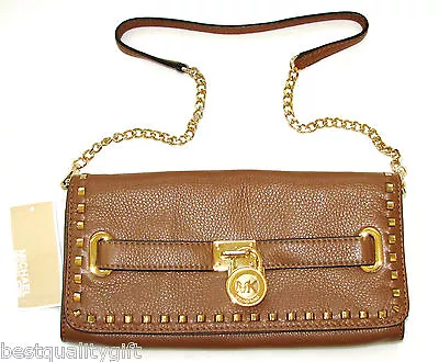 New-michael Kors Hamilton Whipped Luggagebrown Leather+gold Clutchshoulder Bag • $157.49