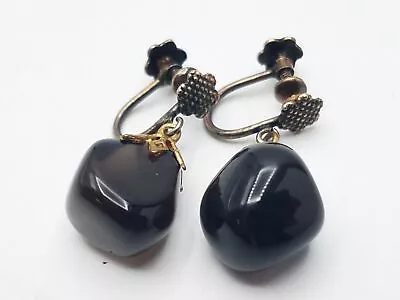 Vintage 800 Italian Silver & Smoky Quartz Polished Nugget Screw-back Earrings • $9.99