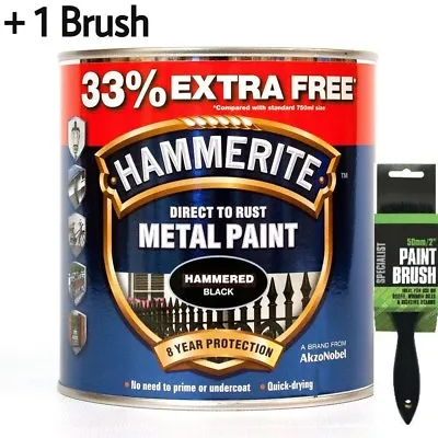 Hammerite Metal Paint Hammered - Black - 750ml - 33% EXTRA FREE 1L Tin + 2 Brush • £21.99