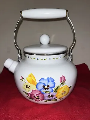 Vintage 1983 M. Kamerstein Enameled Pansy 2 Qt. Tea Kettle Swing Handle Vguc • $24.50