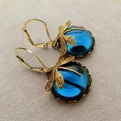 Fashion Women Vintage Dragonfly Blue Glass Gemstone Earrings Holiday Gift New • $12.98