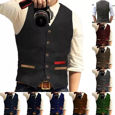 Mens Grooms Tweed Vests Waistcoat Herringbone Retro Wool Vintage Wedding Hunting • £23.99