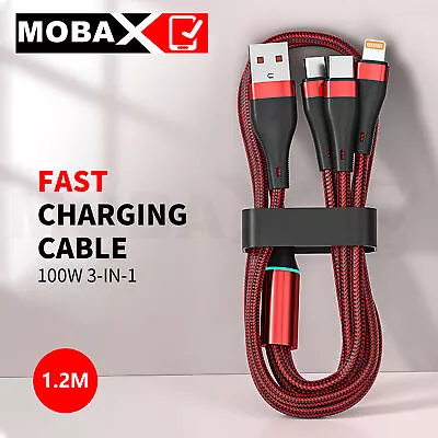 3-in-1 USB Charger Cable 100W Fast Charge Nylon Woven Red 1.2m Multi-Device • $7.65