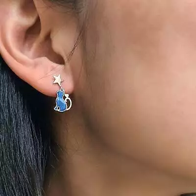 Sterling Silver Blue Enamel Cat And Moon Star Mix And Match Silver Drop Earrings • $16.04