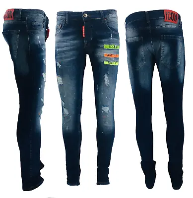Men's Blue Jeans Denim Patchwork Paint Splatter Distressed Ripped Men Icon Jeans • £30.25