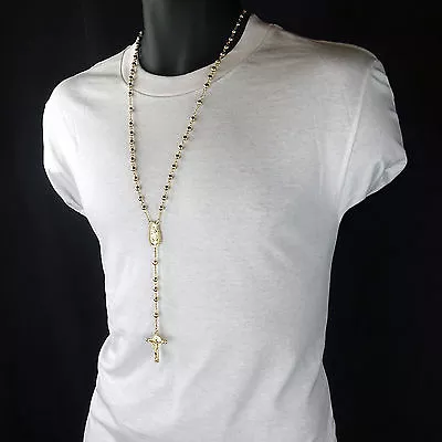 $12.99 • Buy Cubic-Zirconia 5mm GOLD Plated Beads 14k (Guadalupe) Rosary & Jesus Cross Men's