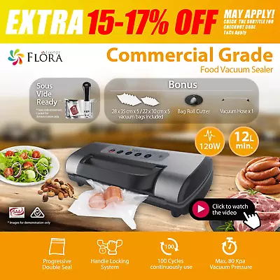 Flora Commercial Food Vacuum Sealer Saver Storage Machine Bonus Precut 22 28-Bag • $125.95