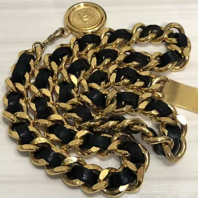 CHANEL Chain Belt Coin Charm Signature Plate Black Leather Goldplate Vintage • $1087.77