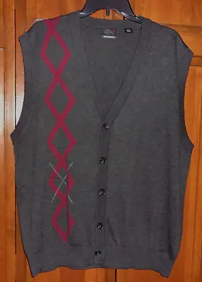 Greg Norman  Sleeveless Cardigan Sweater Vest - Dk Gray Argyle Side  - XL • $16.99