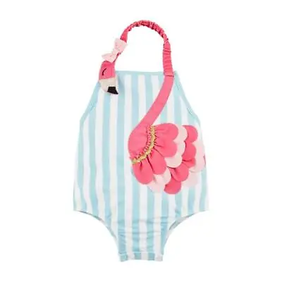 Mud Pie Kids Flamingo Applique Blue White Stripe Girl 1 Pc Bathing Suit Swimsuit • $27.99