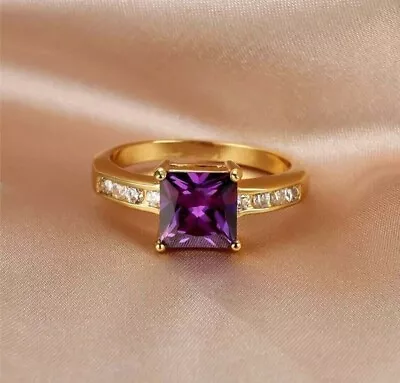 Lab Created Amethyst 2Ct Princess Cut Women's Fancy Ring 14K Yellow Gold Plated • £112.38