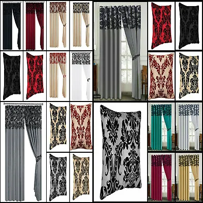 Damask Flock Ring Top OR Pencil Pleat Curtains With 2 Tie Backs OR Cushion Cover • £23.99