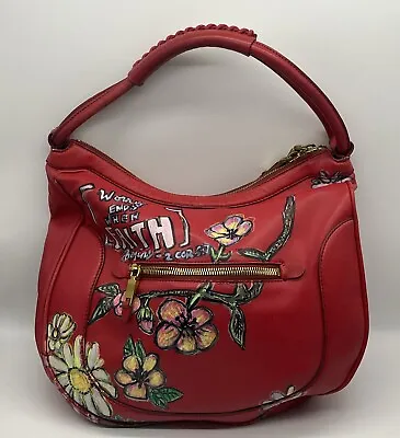 J. Crew Red Soft Leather Hobo Hand Painted Satchel Bag Gold Hardware Zip Pockets • $29.99