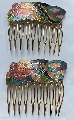 Lot 2 Vtg Cloisonné Enameled Flowers Butterfly Hair Combs Gold Tone Floral • $29.95