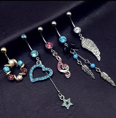 £8.99 • Buy 5 Piece Stainless Steel Belly Bars Blue/Pink  Heart Music Theme Set- UK SUPPLIER