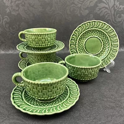 ONE Bordallo Pinheiro Majolica Green Basket Weave Coffee Cup Saucer Portugal • $23.50