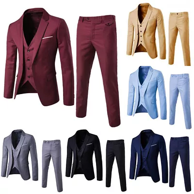 Men's 3-Piece Suit Set Pants Waistcoat Blazer Business Set Slim Fit Formal / • £28.67