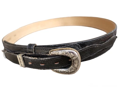 $45 • Buy Tony Lama Genuine Black Lizard Skin Belt Size 36 Original Silver Tone Buckle USA