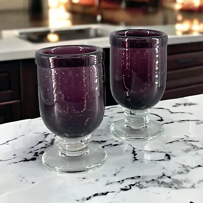 2 Hand Blown Mexican Bubble Thick Glass Wine Water Pedestal Goblets Purple Plum • $24.99