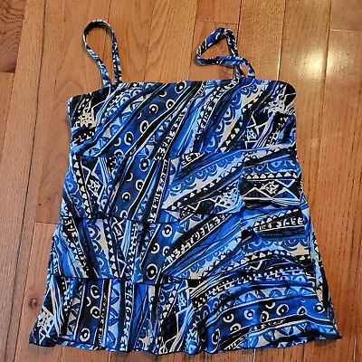 A Shore Fit - Size 14 - Tiered Frilly Bathing Suit Top - Blue/White/Black Print • $9.99