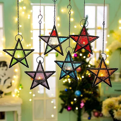 Hanging Glass Metal Star Candle Holder Lantern Home Party Decor • $24.99