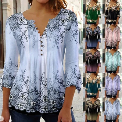 $28.58 • Buy Womens 3/4 Sleeve Floral T Shirt Tops Ladies Casual Baggy V Neck Blouse Pullover