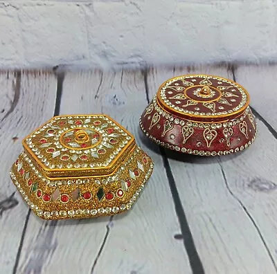 Two Vintage Jeweled & Mirrored Trinket Boxes Metallic Accents Hexagon And Round • $28.95