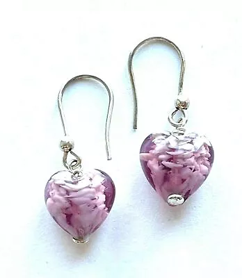 Murano Glass Purple Puffed Heart Drop Dangle Silver Plated Hook Earrings  • $30