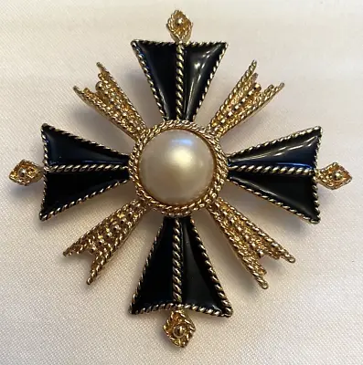 Vintage  St John Maltese Cross Brooch/Pin Black Enamel Faux Pearl Gold Tone 2.3  • $75