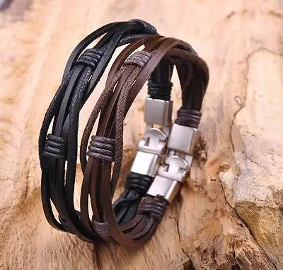 2pcs Surfer Hemp Leather Braided Mens Wristband Bracelet Cuff Black & Brown • £6.59