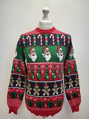 £9.99 • Buy Vv707 Mens F&f Red Green Santa Crew Neck Christmas Jumper Uk S Eu 46