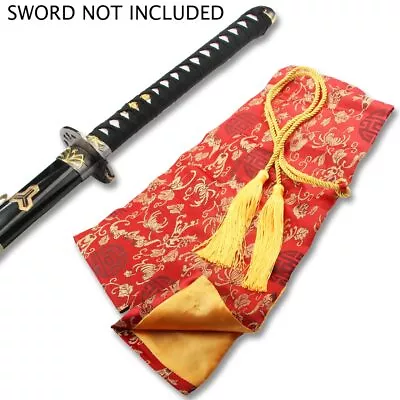 Red Silk Embroidered Japanese Sword Bag With Gold Rope Tie • £18.95