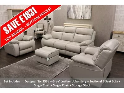 Moreno Nc-251e Grey Leather Sectional 3 Seat Sofa 2xSingle Chair Storage Stool • £2299