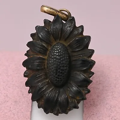 Antique Victorian Mourning Vulcanite Daisy Flower Glass Pendant Locket • $335