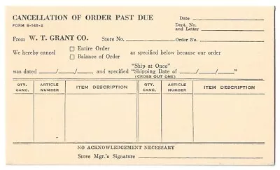 W. T. Grant Co. C1950's Cancellation Of Order Form Postcard • $1.35