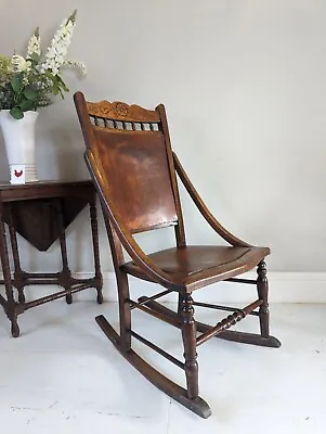 Antique Slipper Rocking Armchair Ply Shell Pattern Seat & Spindle Back  • £85