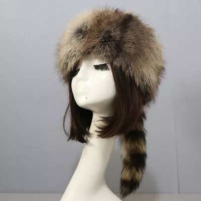 Mens Women's Coonskin Cap Faux Fur Cossak Russian Style Hat Coon Tail Racoon Hat • $15.97