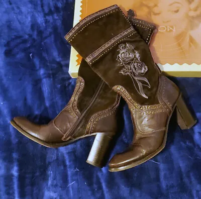 Brown Genuine Suede Leather Floral High Heel Boots By Mark Nason • $69.99