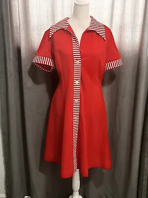 Vtg 60’s Mod Retro Scooter Dress Red White Poly Knit Waitress Style L • $28