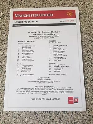 PROGRAMME/TEAMSHEET FA YOUTH CUP SEMI-FINAL MAN UTD V CHELSEA 20th Apr 2011 • £1.29