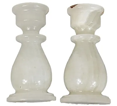 Pair Of White With Gray Veining Marble Pakistan Candle Holders Height 5  Marked • $13.60