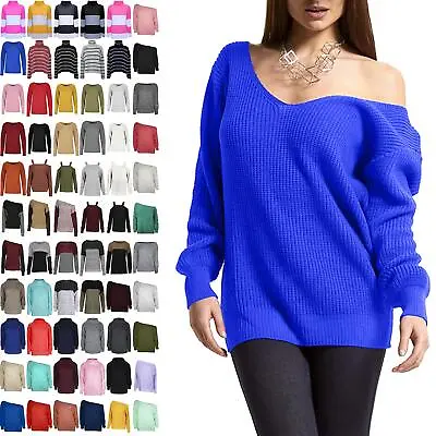 Womens Oversized Jumper Ladies Baggy Off The Shoulder Chunky Knit Sweater Top • £8.49