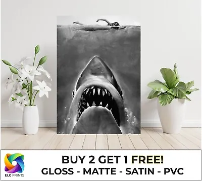 JAWS Black And White Classic Movie Large Poster Art Print Gift Multiple Sizes • £24