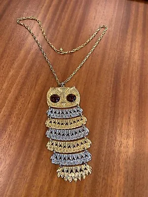 Mid Century Collectible Goldette Two Toned Lge Reticulated Owl 30”necklace Retro • $55