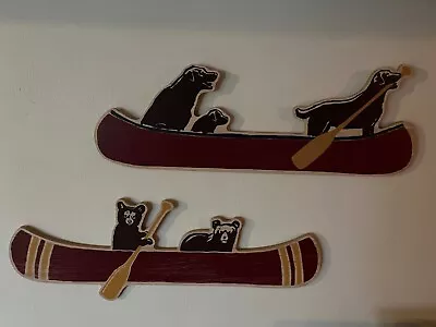 Dogs Bear Cubs In Canoe Wood Wall Decor Large Art For Lake House/Cabin 24x8 Inch • $44.50