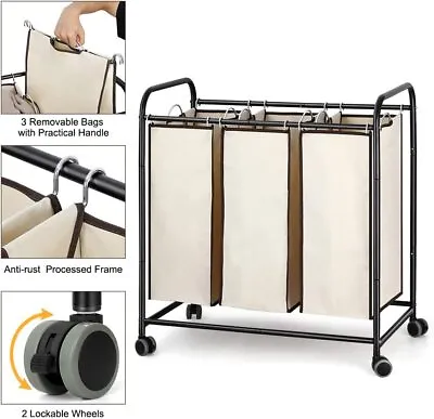 $31.99 • Buy Rolling Laundry Cart With 3 Laundry Bag And Wheel Washing Hamper Storage Bin