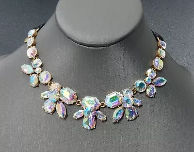 J.CREW Iridescent Crystal Necklace Flower Rhinestone Ribbon Versatile Signed • $72